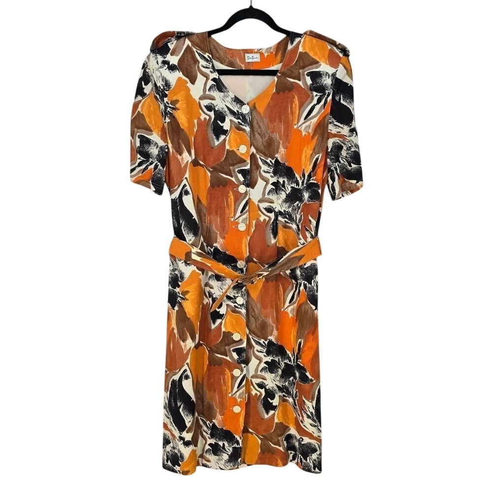 Betty Barclay Vintage Abstract Floral Linen Cotton Belted Dress Orange Brown 14?